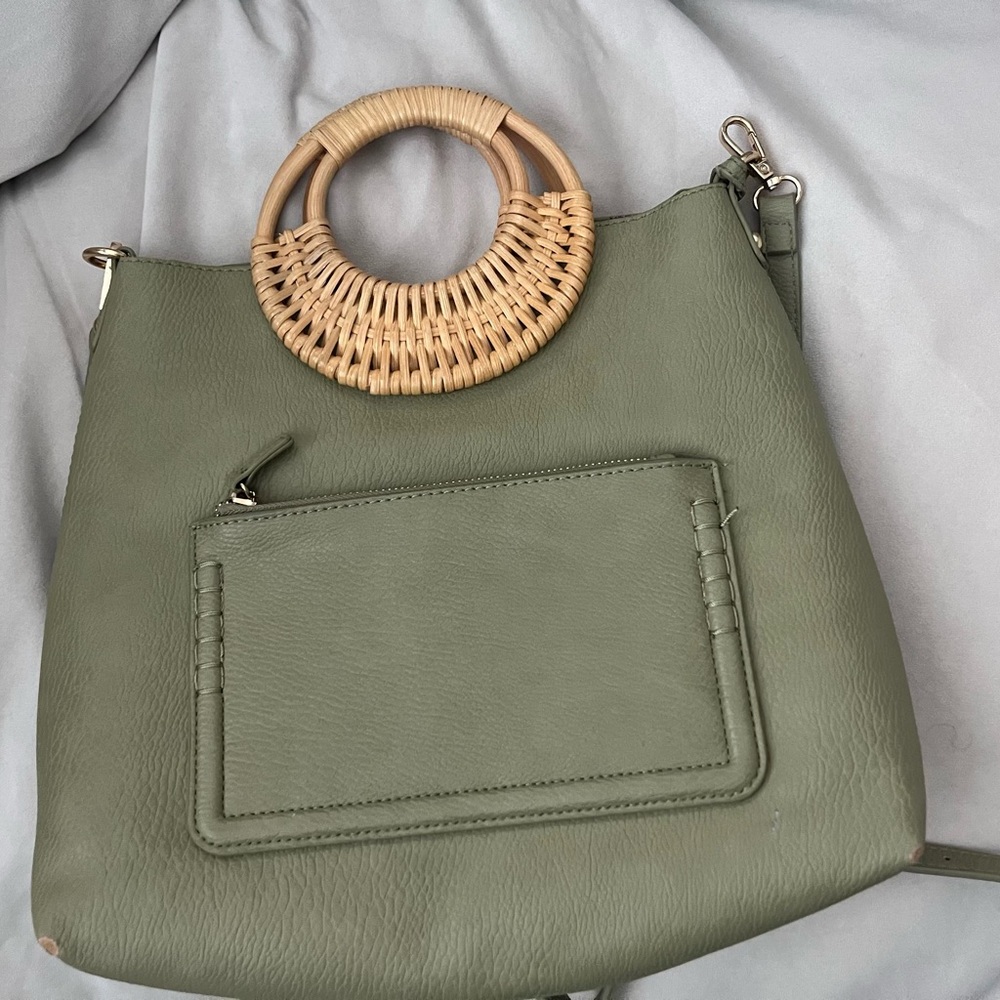 Antik Kraft Sage Green Shoulder Bag with Woven Handle